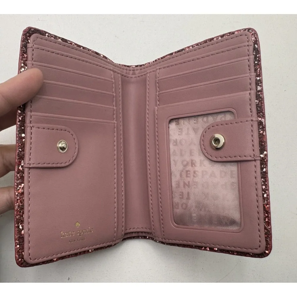 KATE SPADE NEW YORK Glitter Trim Medium Bifold Wallet Pink Leather NWOT